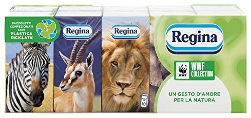 Regina WWF Collection – 10 Pacchetti da 9 Fazzoletti a 4 Veli, Morbidi e Resistenti, Supportano i Progetti WWF, 100% Pura Cellulosa Certificata FSC®