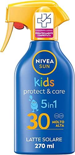 NIVEA SUN Maxi Crema Solare Spray Solare Kids Protect & Care FP 30 270 ml, Crema solare bambini resistente all'acqua, Crema solare 30 per pelli delicate in pratico flacone in spray