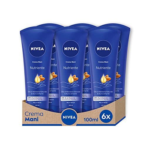 NIVEA Crema Mani Nutriente in Confezione da 6 x 100 ml, Crema Nutriente Arricchita con Olio di Mandorla, Crema Profumata per le Mani dalla Formula Idratante