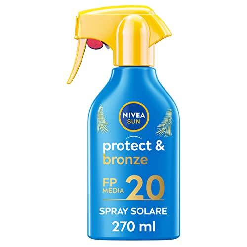 NIVEA SUN Maxi Crema Solare Spray Protect & Bronze FP 20 270 ml, Crema solare 20 per un'abbronzatura dorata, intensa e uniforme, Protezione solare 20 in pratico flacone in spray
