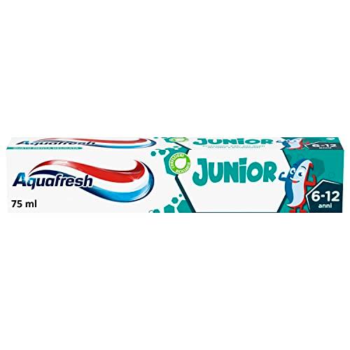 Aquafresh Dentifricio Junior, Dentifricio Bambini 6 - 12 anni, 24h di protezione dagli acidi degli zuccheri grazie al fluoro, per denti da latte e permanenti, 75 ml