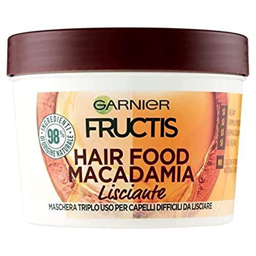 Garnier Maschera Lisciante Fructis Hair Food, Maschera disciplinante 3in1 con formula vegana per capelli difficili da lisciare, Macadamia, 390 ml