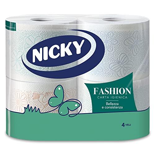 Nicky Fashion - 4 Rotoli di Carta Igienica, 165 Soffici Fogli a 4 Veli, 3 Diverse Texture e Colori, Delicato Profumo di Talco, Carta 100% Certificata FSC®